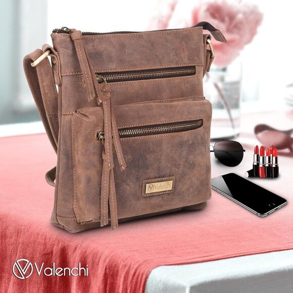 Genuine Leather Crossbody Bag with front Metal Zipper Pockets and long handle - - Picture 6 of 7